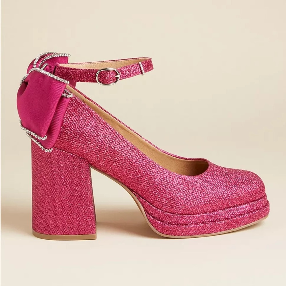 Torrid x Betsey Johnson Glitter Pink Bow Back Block Heel (WW)